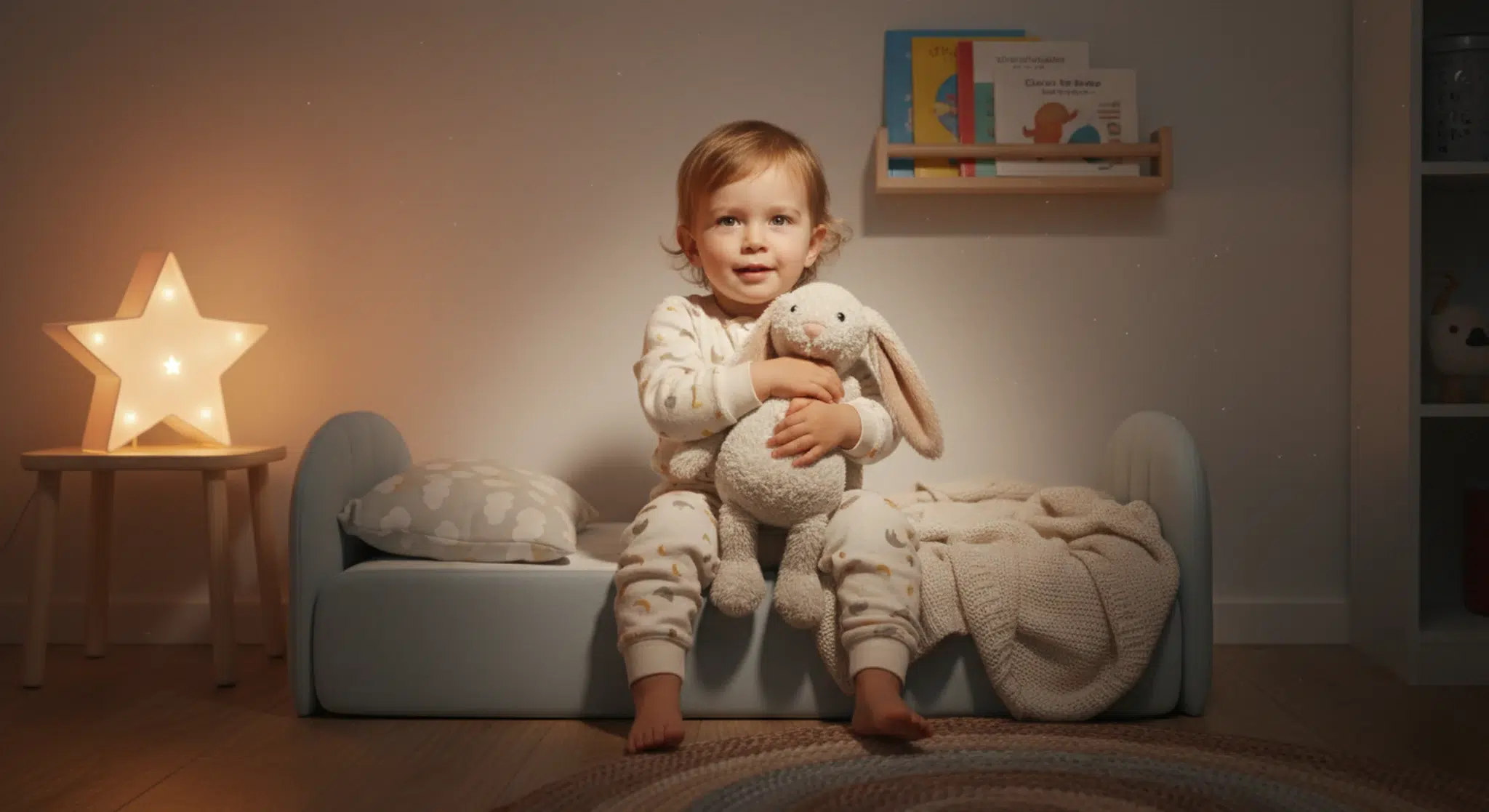 25 Year Old Sleep Regression Causes Fixes and when It Ends | Betteroo Toddler in pajamas sitting up in a toddler bed at bedtime holding a stuffed animal