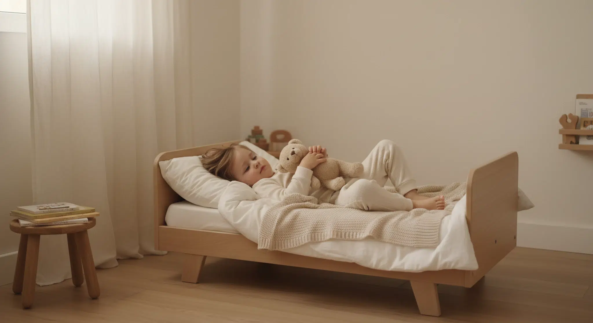 Toddler lying awake but calm in a low toddler bed during the day with soft light in the room