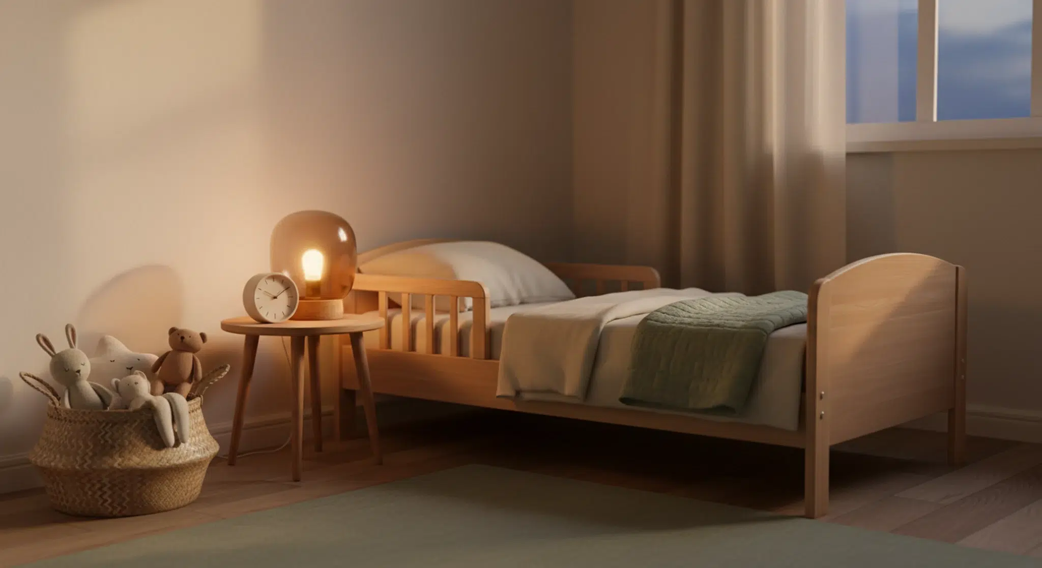 Toddler bedroom at dusk with a low toddler bed, soft lamp light, and a small clock on the nightstand
