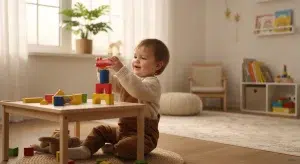 20 month old toddler stacking colorful blocks at a low wooden table in a playroom