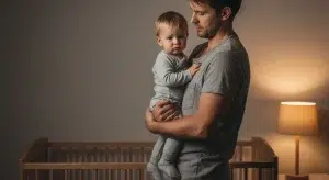 Tired parent gently soothing an awake 21 month old toddler at night in a dim nursery