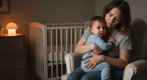 Tired parent gently soothing an awake 22 month old toddler at night in a dim nursery