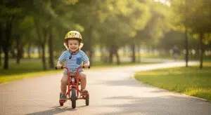 Smiling 3 year old pedaling a small tricycle on a sunny park path
