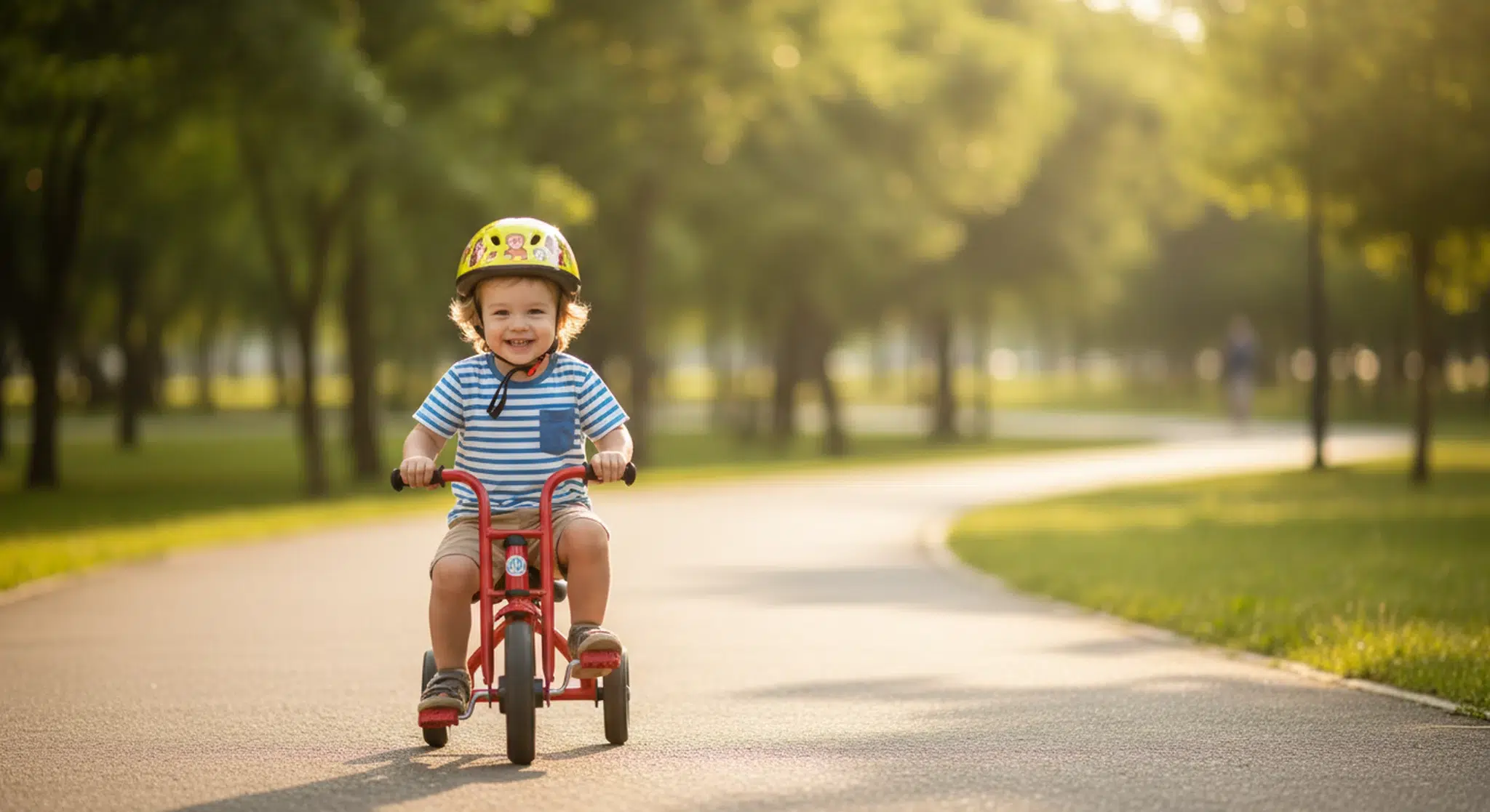 Smiling 3 year old pedaling a small tricycle on a sunny park path