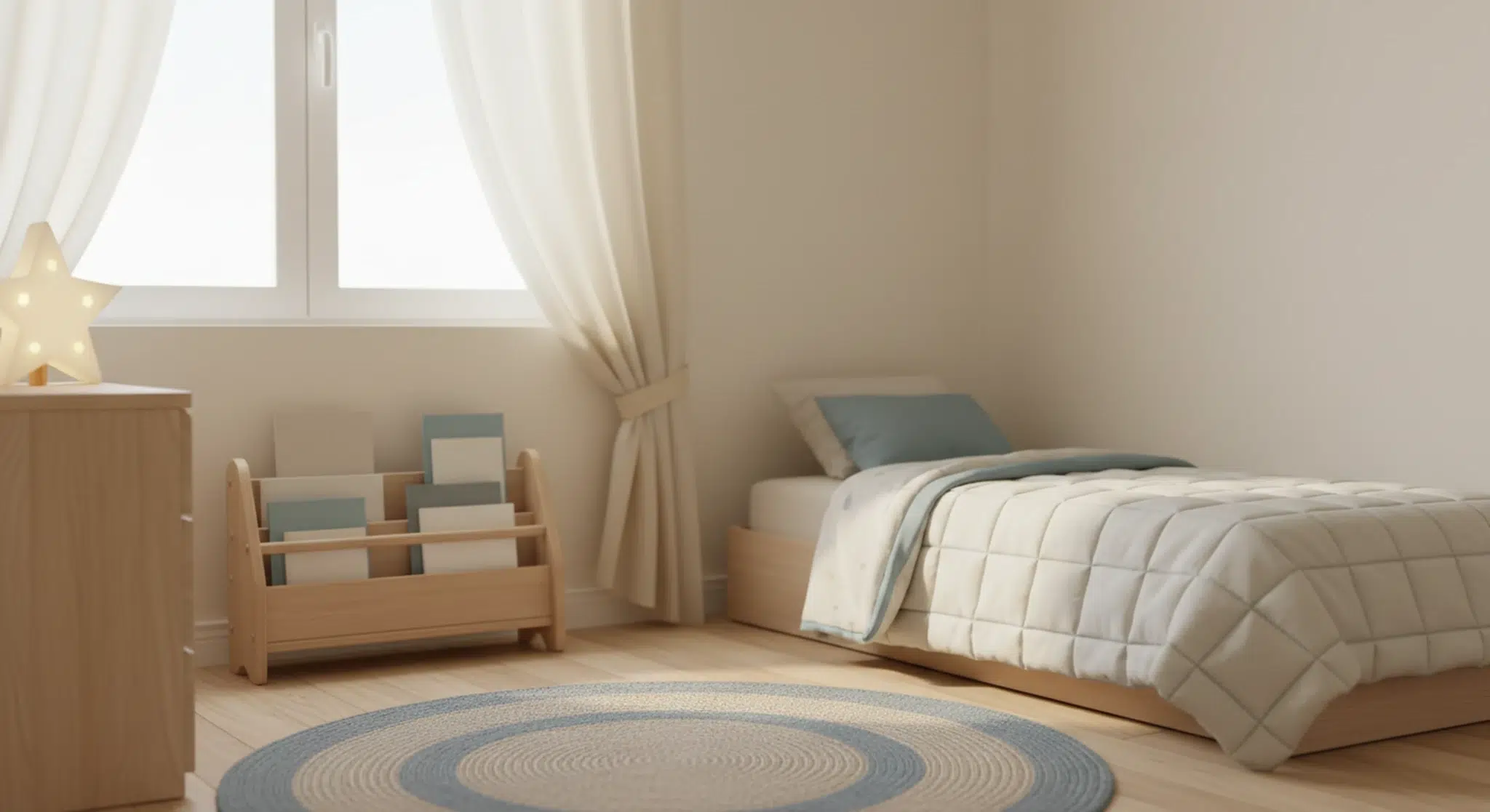 Preschooler bedroom in soft morning light with a made low bed, a bookshelf, and a star night light
