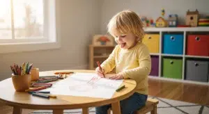 4 year old drawing a person with crayons at a small table, concentrating happily