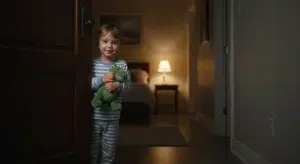 4 Year Old Sleep Regression Why It Happens and How to Fix It | Betteroo Preschooler in pajamas peeking around a bedroom doorway at night