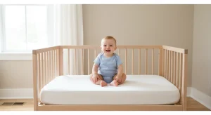 Smiling baby in a light blue onesie sits on a white mattress inside a wooden crib in a bright, neutral‑colored bedroom with a window and white curtains in the background.
