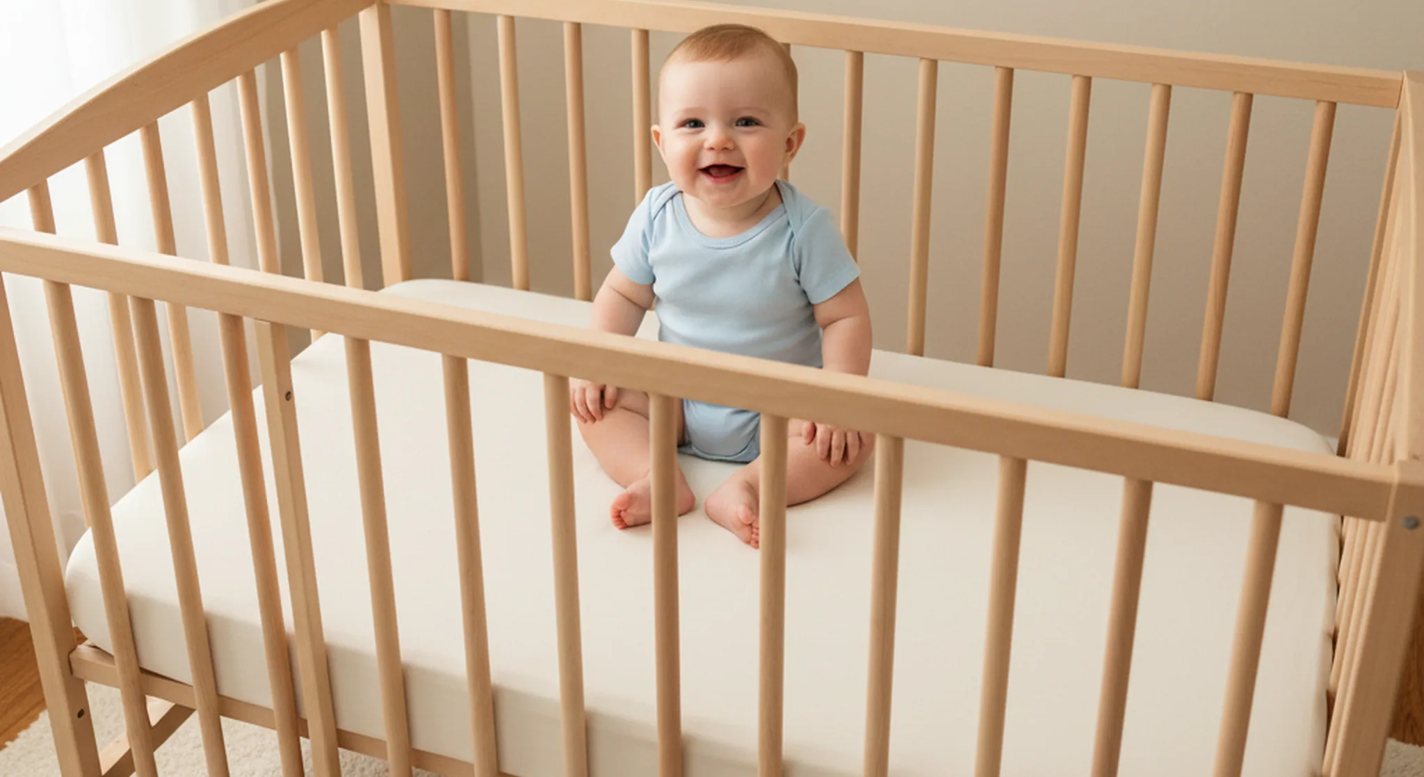 6montholdwakewindowsv2 | Betteroo Six month old baby sitting upright inside a fully enclosed bare crib