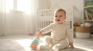 7 month old baby sitting on a play mat reaching for a stacking toy