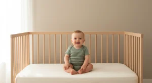 Smiling baby sits in a light wood crib, facing the camera in a green onesie.