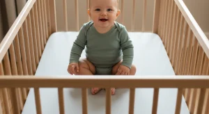 Seven month old baby sitting upright inside a fully enclosed bare crib