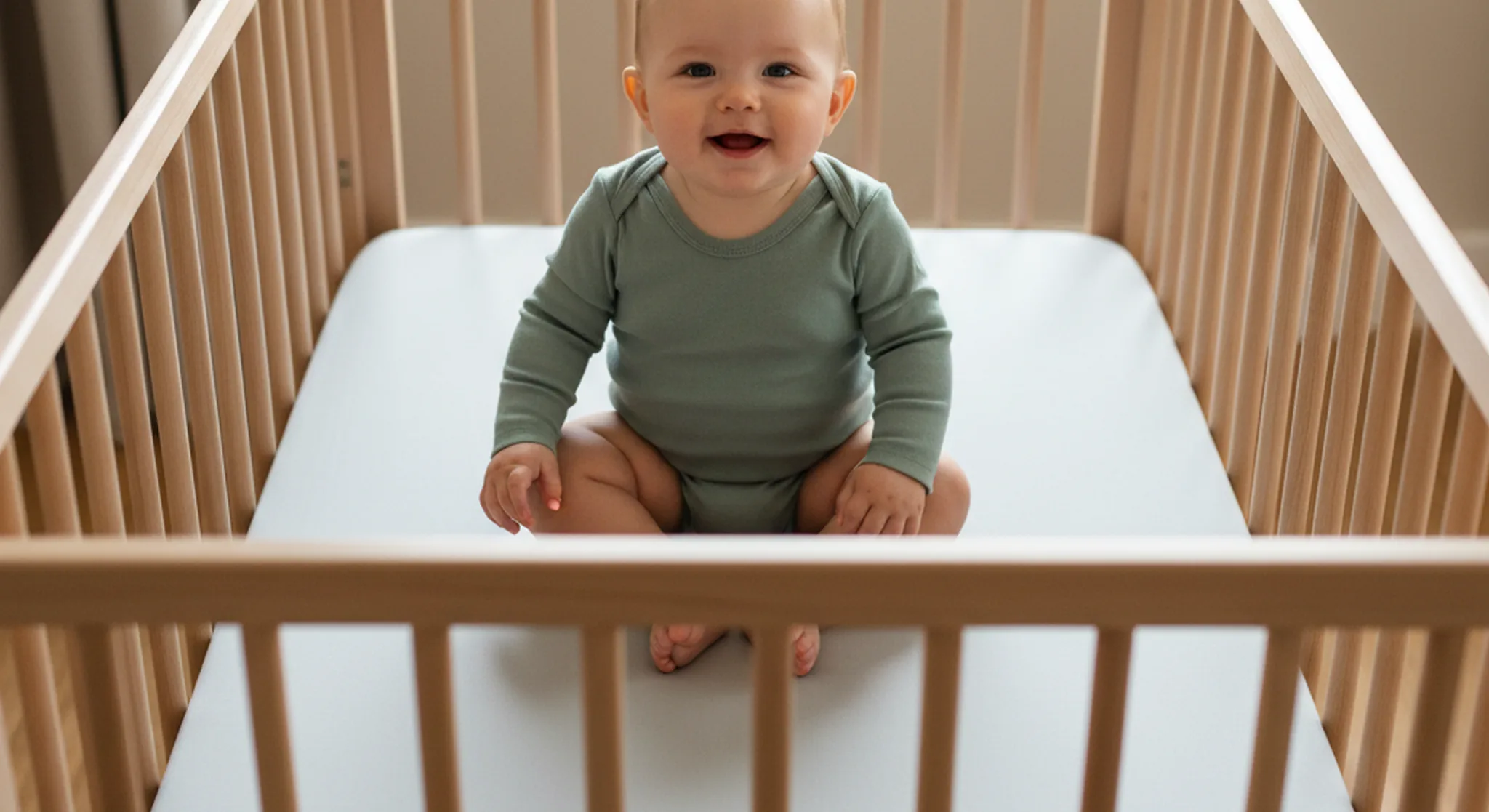 Seven month old baby sitting upright inside a fully enclosed bare crib