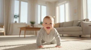 8 month old baby crawling across a rug toward the camera