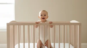 Awake, smiling 8 month old baby in a bare, safe crib in daylight