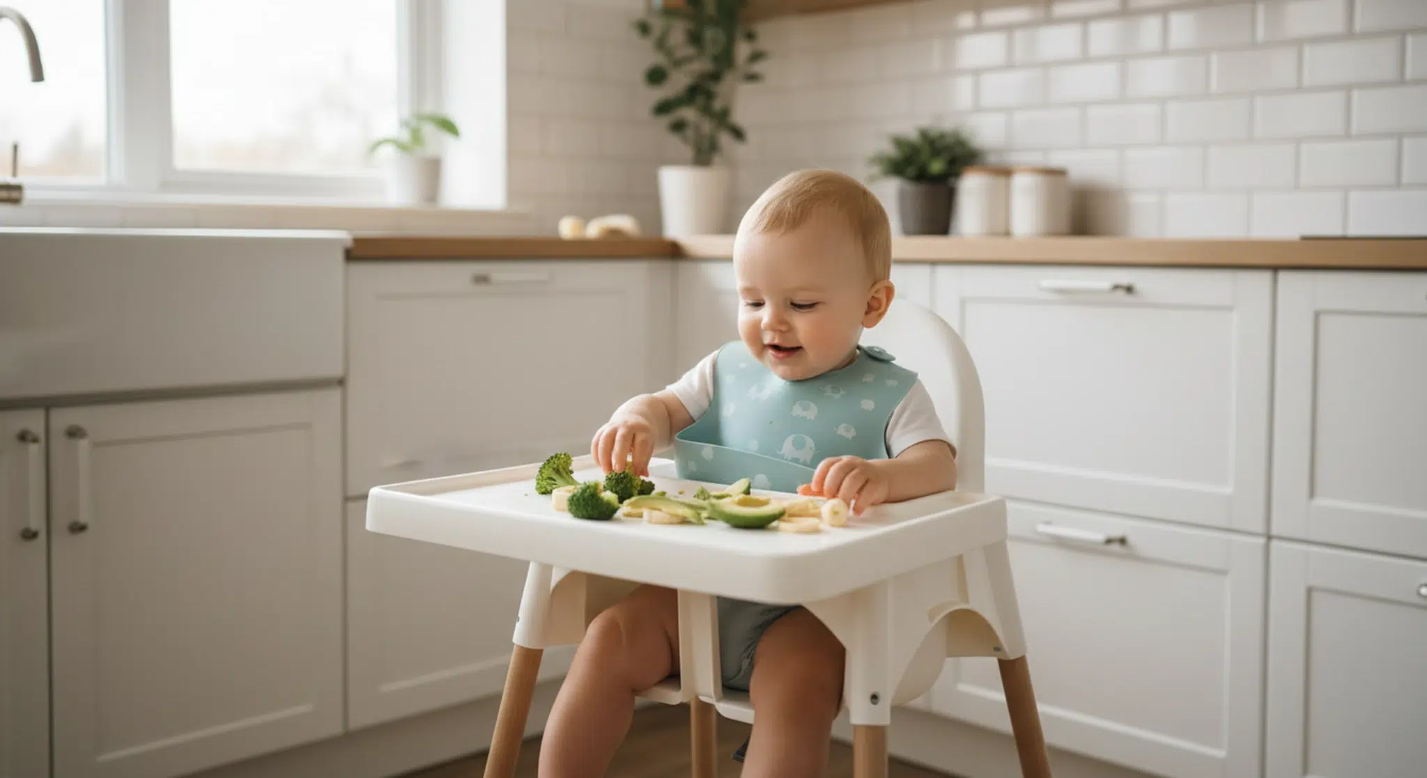 9 month old baby in a high chair self-feeding soft finger foods from the tray
