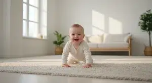 Smiling 9 month old baby crawling across a bright living room rug toward the camera