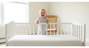 Awake Smiling 9 Month Old Baby in a Bare Safe Crib in Daylight | Betteroo Awake, smiling 9 month old baby in a bare, safe crib in daylight
