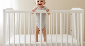 Nine month old baby standing behind the front rail inside a fully enclosed bare crib