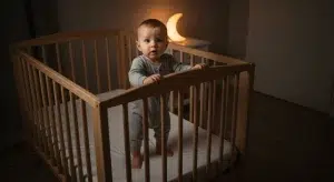 9 month old baby standing in a crib holding the rail at night in a dim nursery