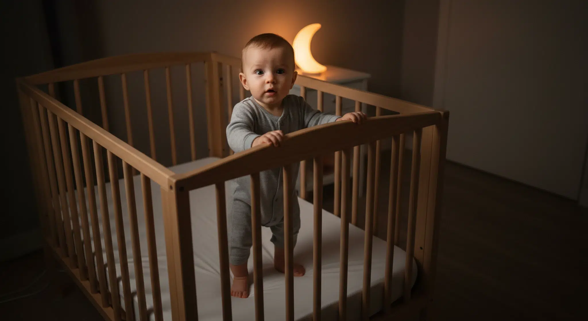 9 month old baby standing in a crib holding the rail at night in a dim nursery