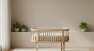 Minimalist nursery with a light wooden crib centered between two green potted plants on shelves against a beige wall.