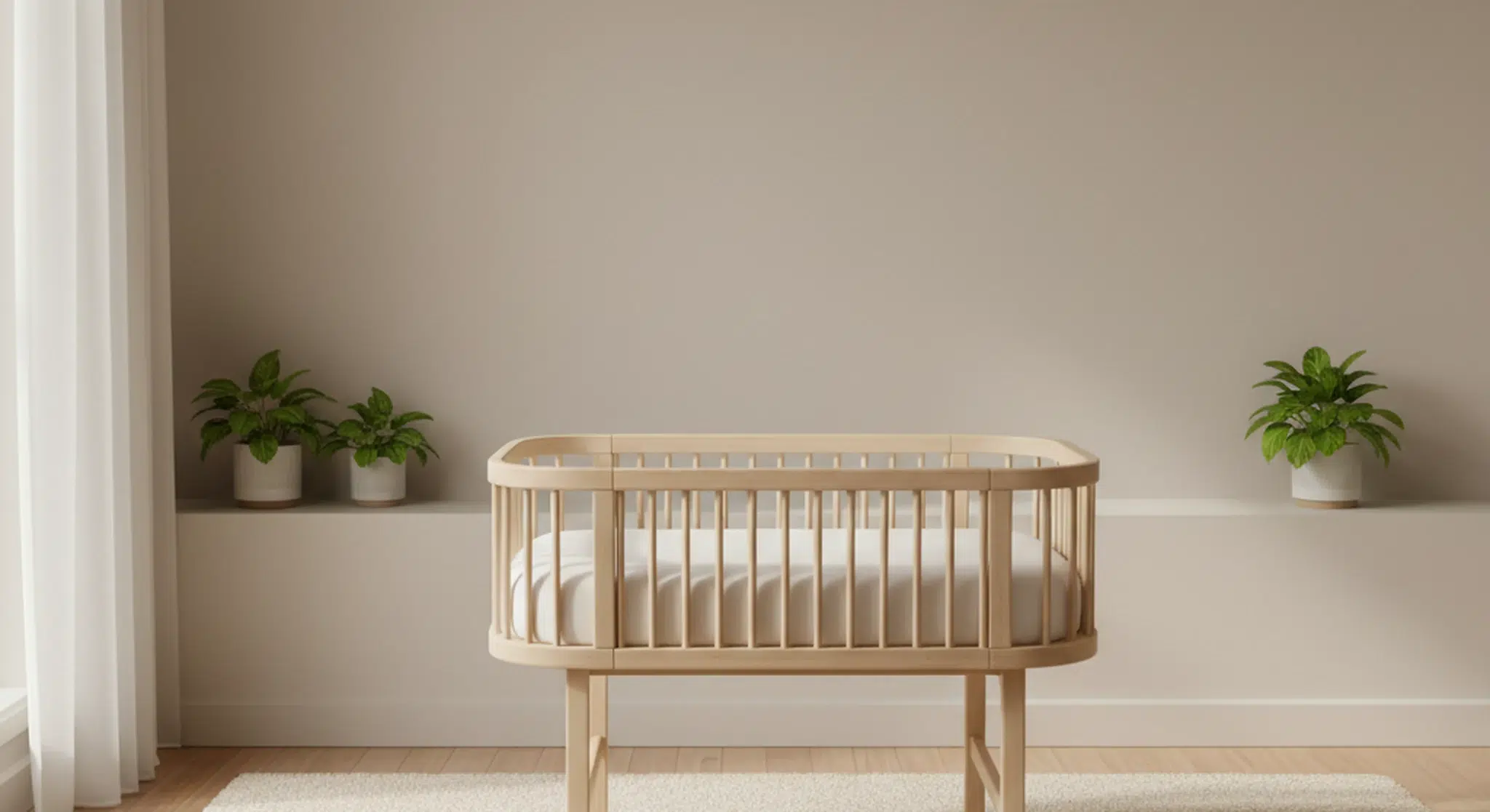 Are Baby Loungers Safe What Parents Should Know | Betteroo Minimalist nursery with a light wooden crib centered between two green potted plants on shelves against a beige wall.