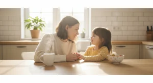 Warm everyday moment of a parent and young child talking calmly together at a kitchen table in natural light