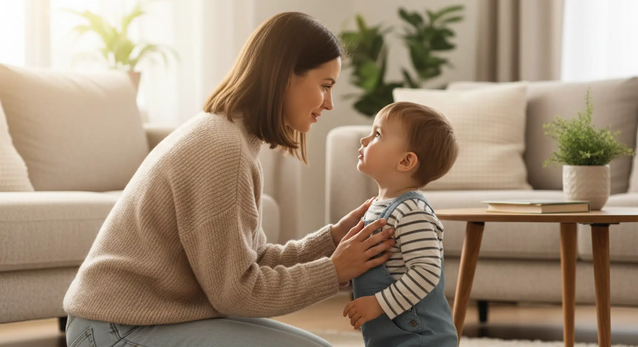 Mother kneels to talk with her toddler on a sunny living room floor. A sofa and plants appear in the background.