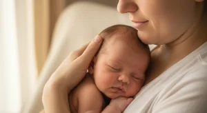 Parent gently cradling a peaceful sleeping newborn baby