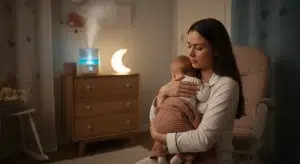 Mother holding her baby upright at night with a humidifier nearby, illustrating baby coughing in sleep care