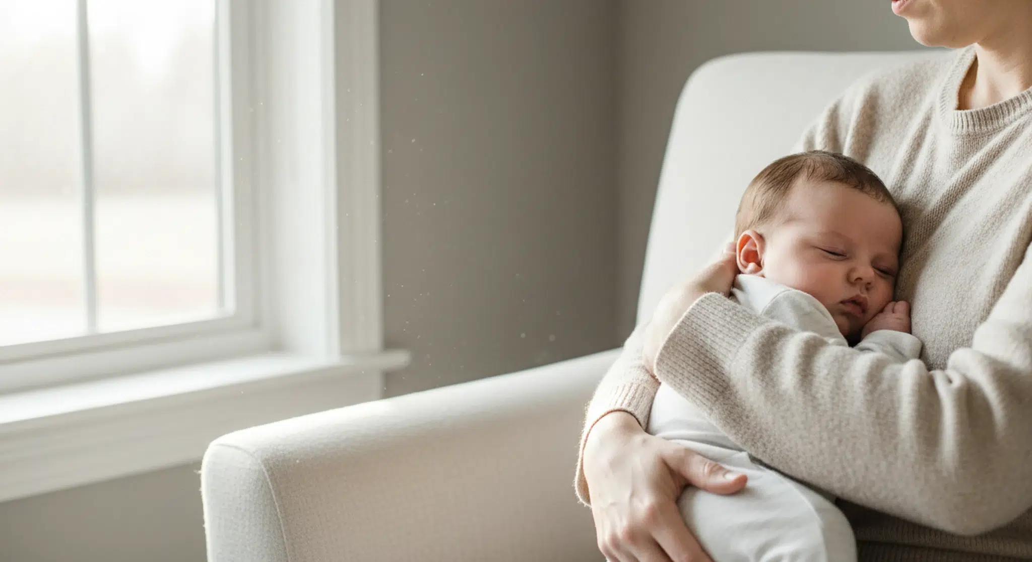 Parent nursing a drowsy baby in a softly lit chair beside a window
