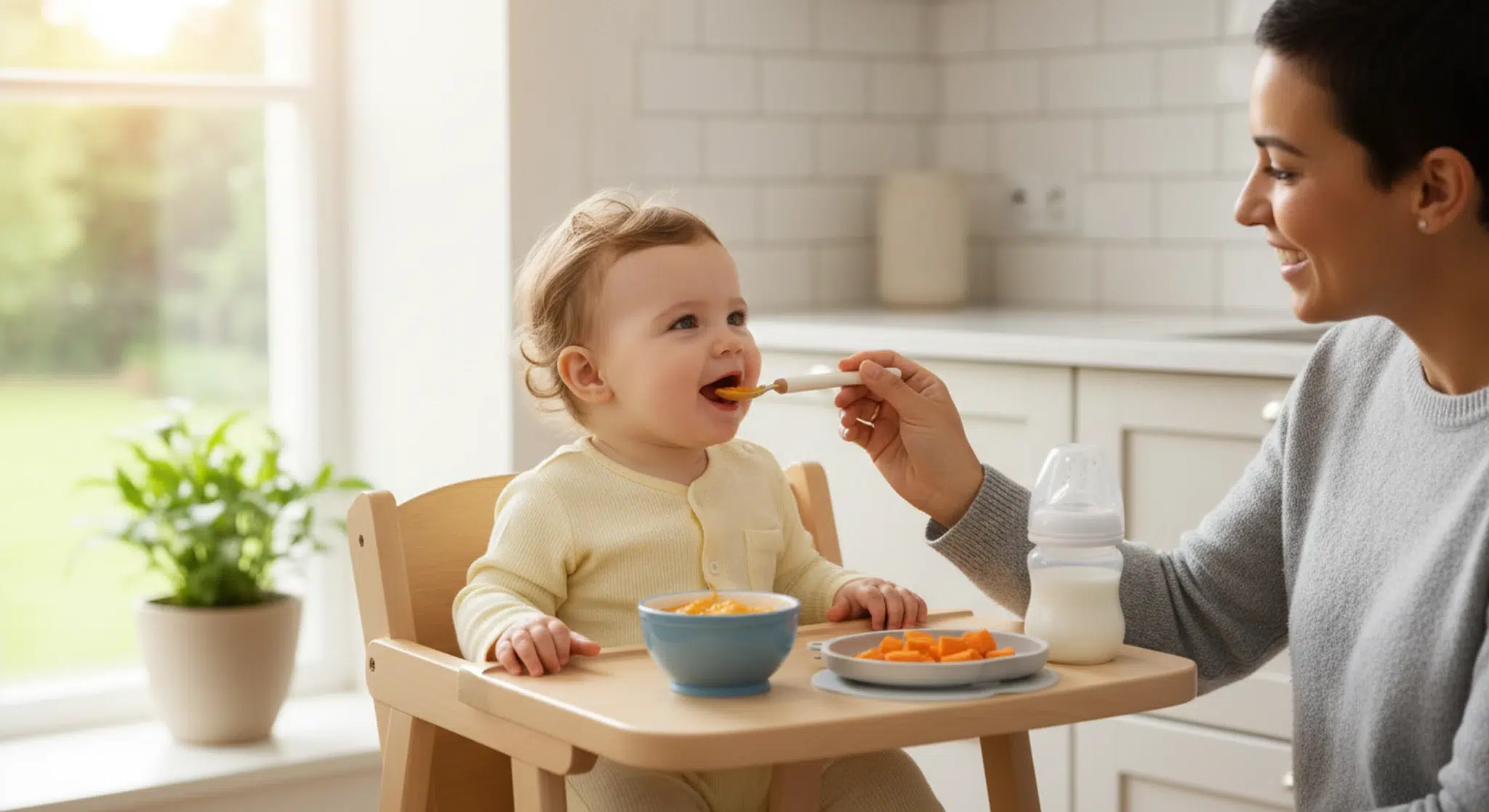 Baby feeding chart concept: a seven month old baby in a high chair with a bowl of soft puree and a bottle of milk while a parent offers a spoon