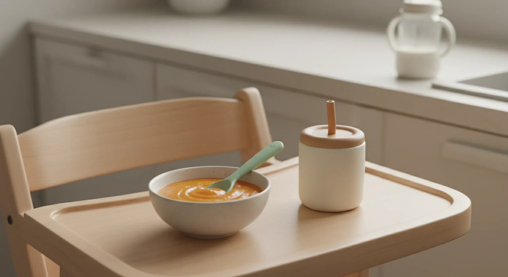 High chair tray with a small bowl of puree, a baby spoon, a sippy cup, and a bottle on a kitchen counter behind