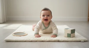 Baby lying on tummy on a soft play mat, propped on forearms, with a small mirror and toy within reach