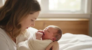 Newborn bringing hands to mouth showing hunger cues while held by mother