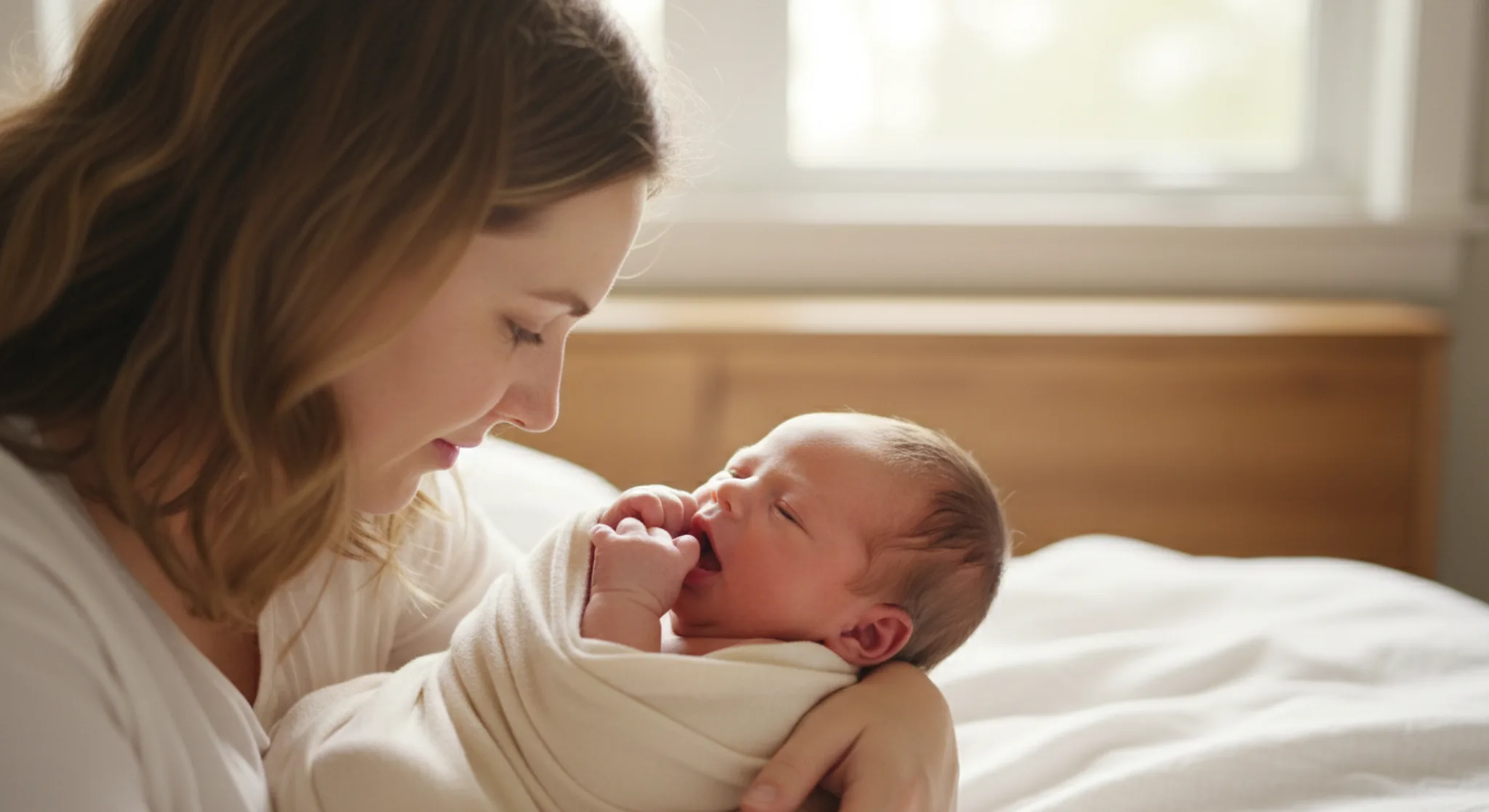 Newborn bringing hands to mouth showing hunger cues while held by mother