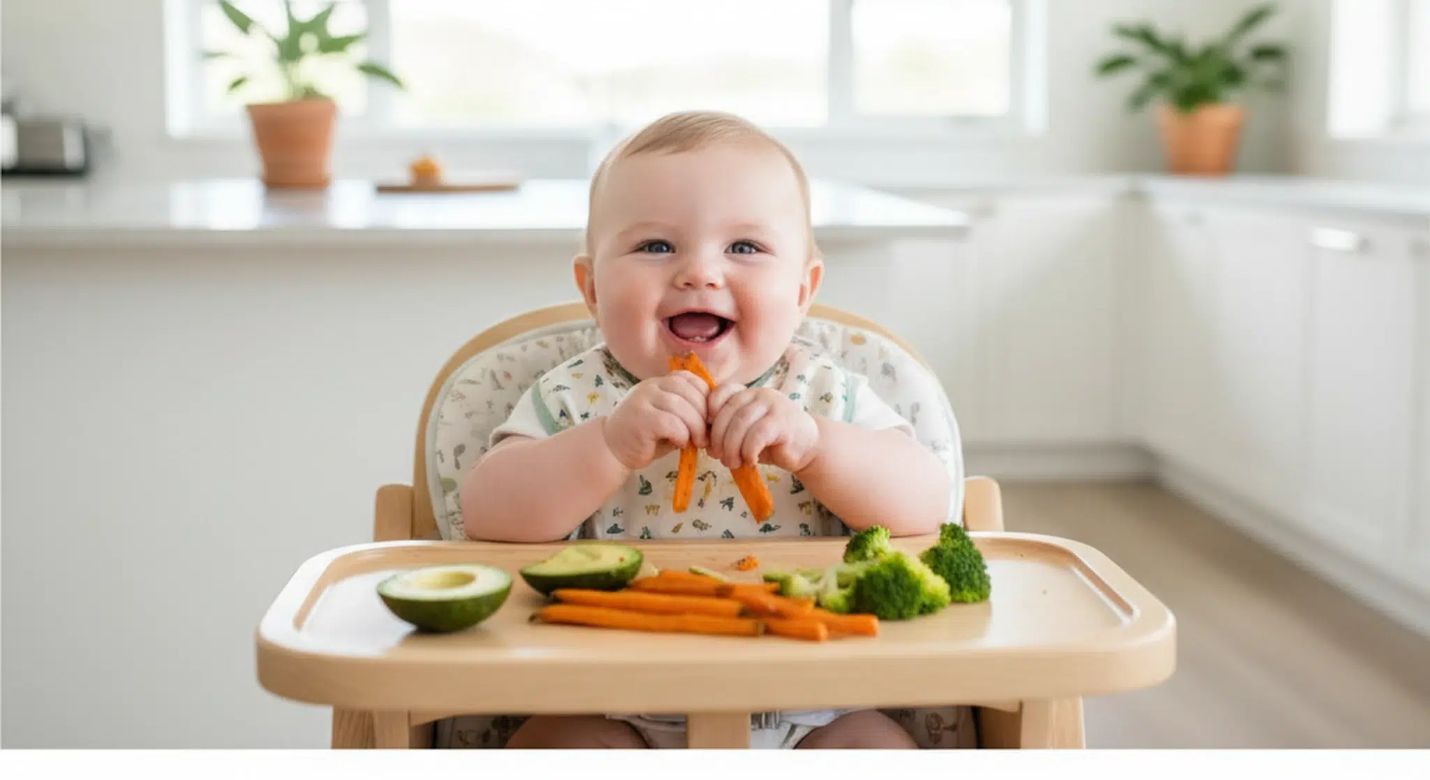 Babyledweaning | Betteroo Smiling 7-month-old baby in a high chair self-feeding soft baby-led weaning finger foods including sweet potato, avocado, and broccoli