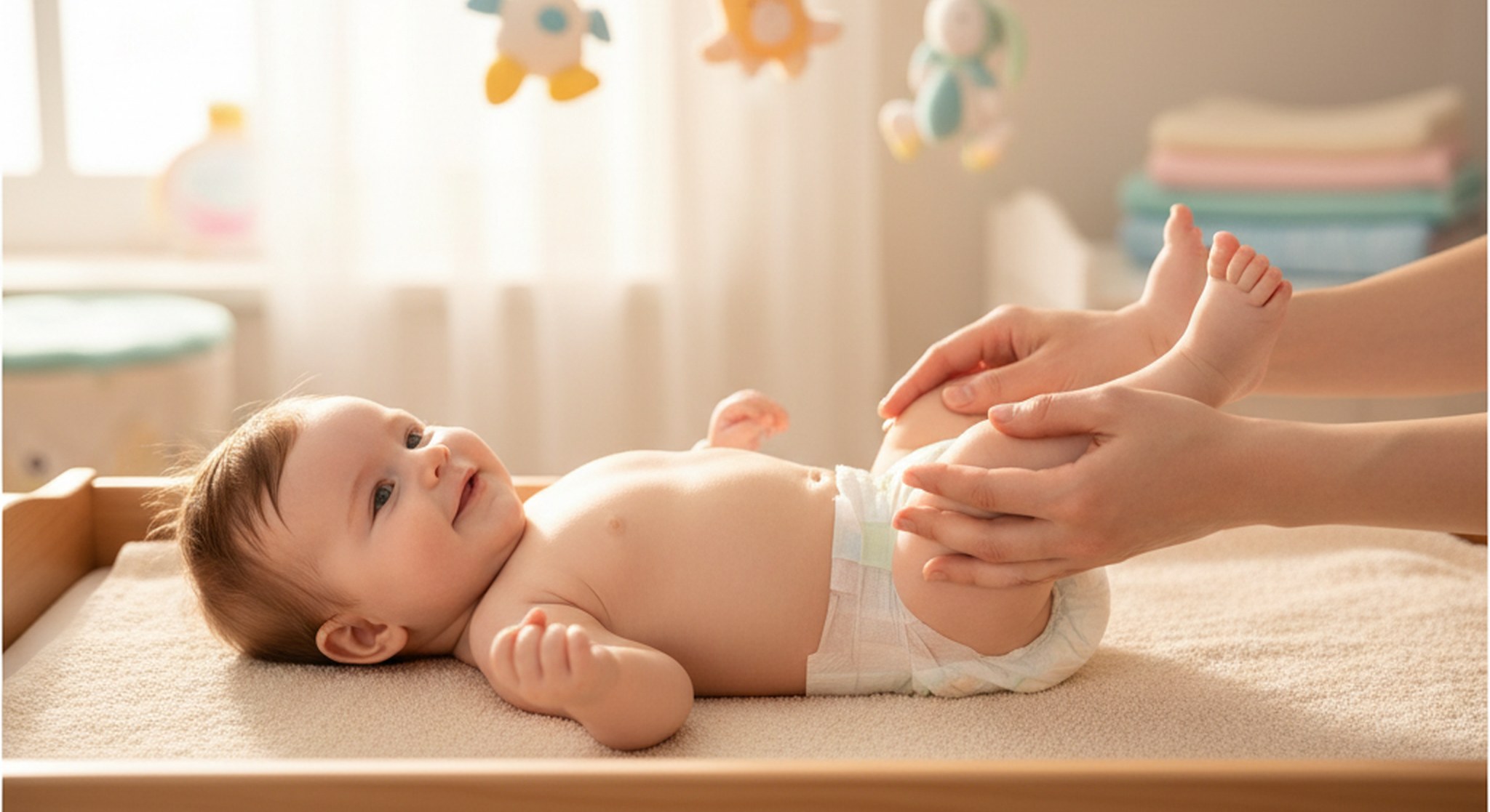 Parent gently massaging an awake baby's leg during a calm bedtime routine