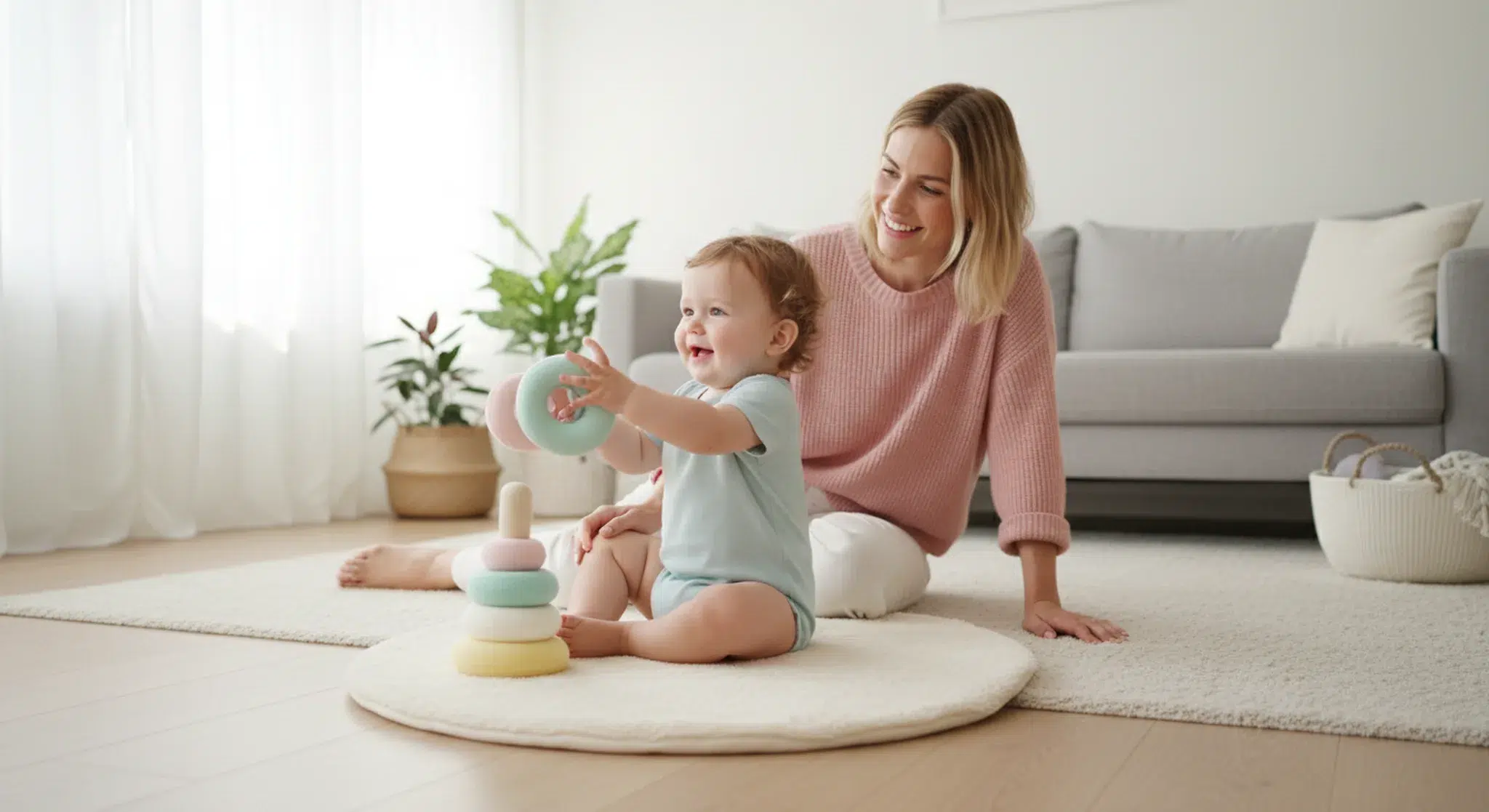 Baby sitting on a play mat reaching for stacking rings while mother watches, illustrating baby milestones by month