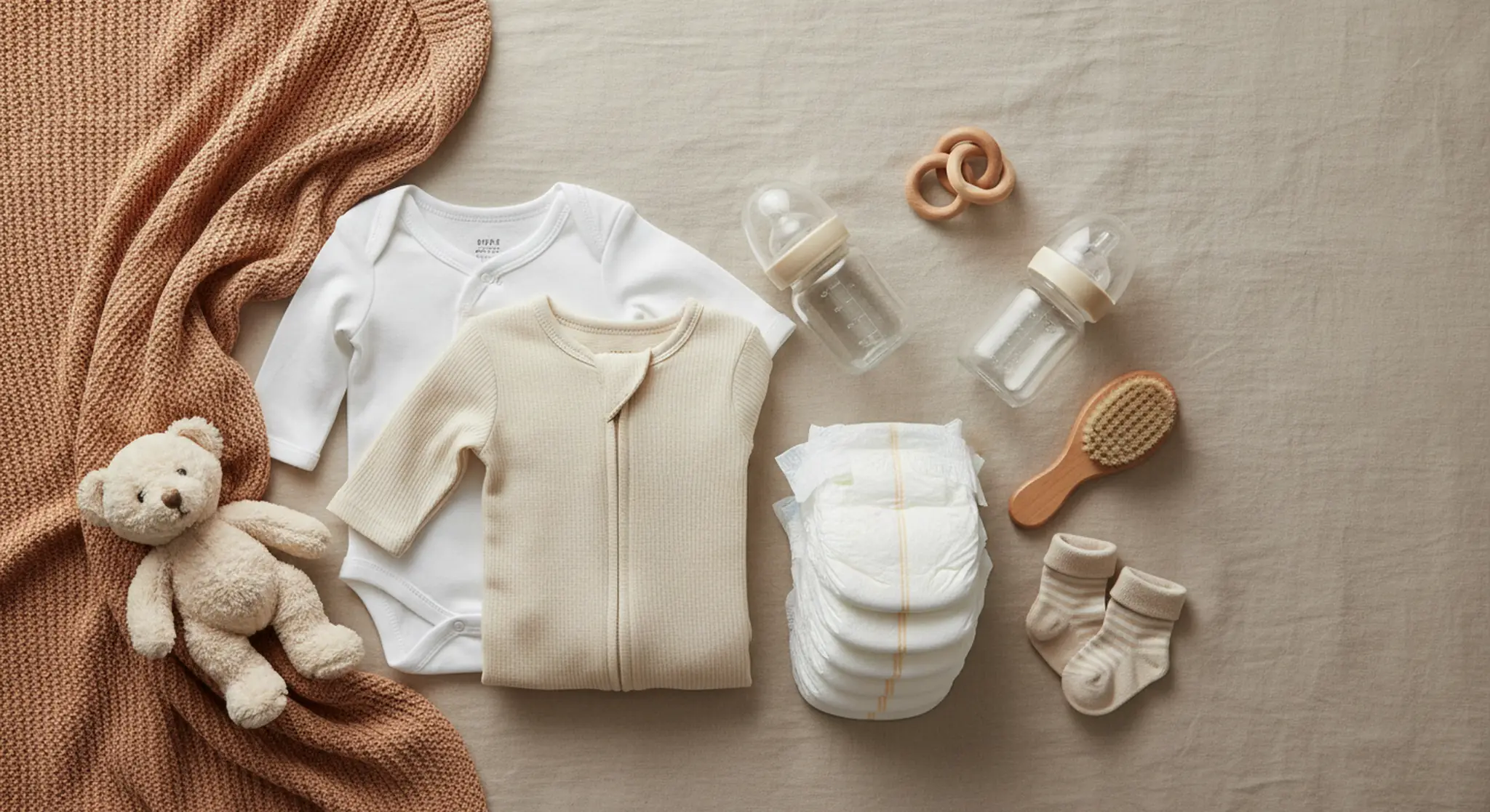 Flat lay of newborn baby essentials including onesies, bottles, diapers, socks, a blanket and a teddy bear