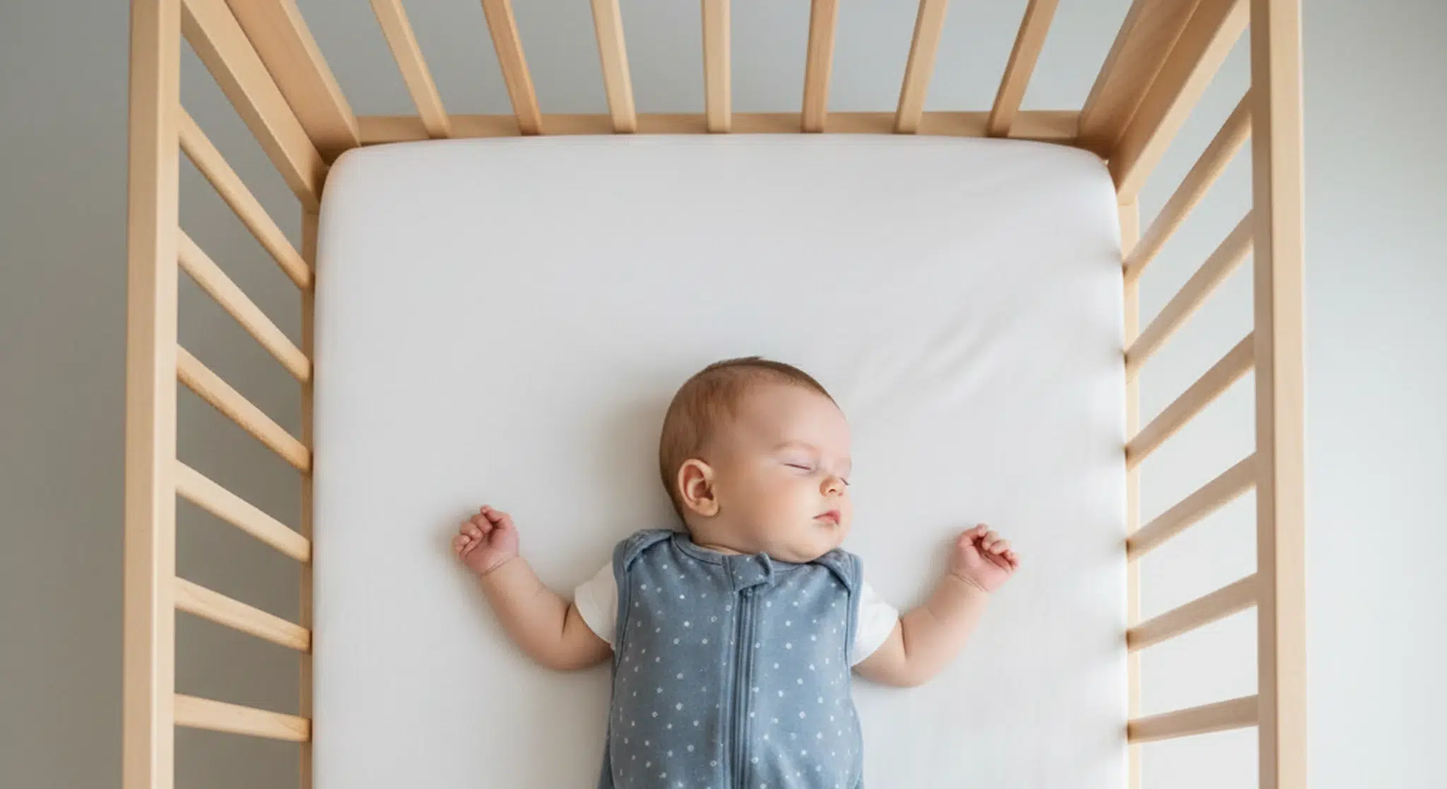 Baby sleeping on their back in a bare, safe crib during a nap