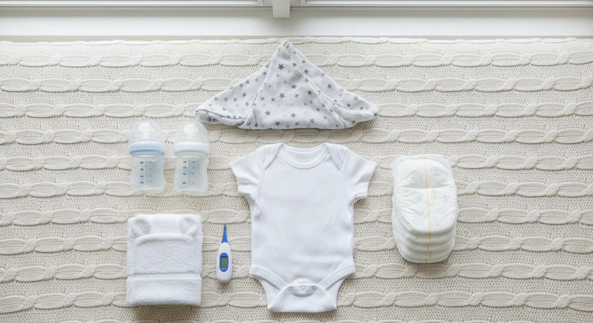 Neatly arranged baby registry essentials including bottles, onesies, diapers and a swaddle on a table
