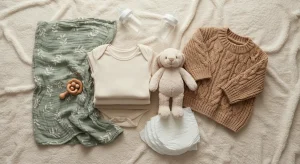 Neatly arranged flat lay of baby essentials: onesies, muslin swaddle, bottles, and a plush toy on a soft blanket
