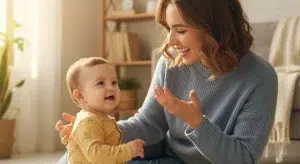 Mother making a hand sign while her smiling baby watches, practicing baby sign language
