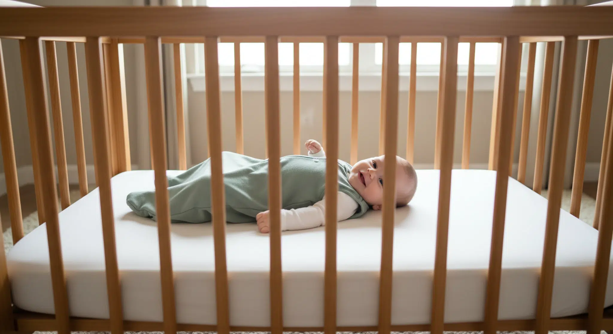Baby lying on their back in a bare crib wearing a light sleep sack over pajamas