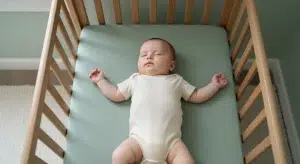 Baby sleeping peacefully on their back in a bare crib wearing a light short-sleeve cotton onesie