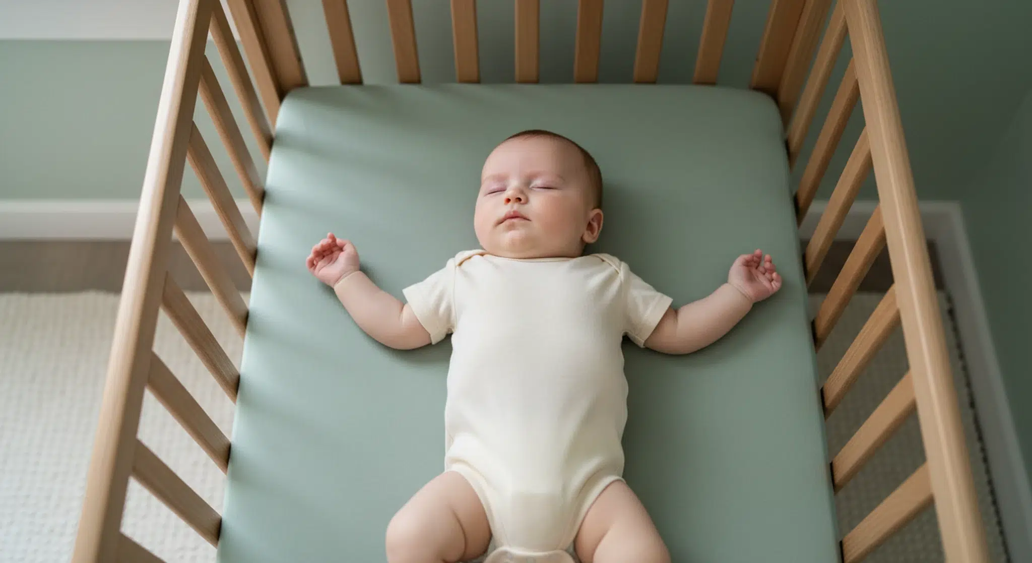 Baby Sweating While Sleeping Causes What is Normal and when to Worry | Betteroo Baby sleeping peacefully on their back in a bare crib wearing a light short-sleeve cotton onesie