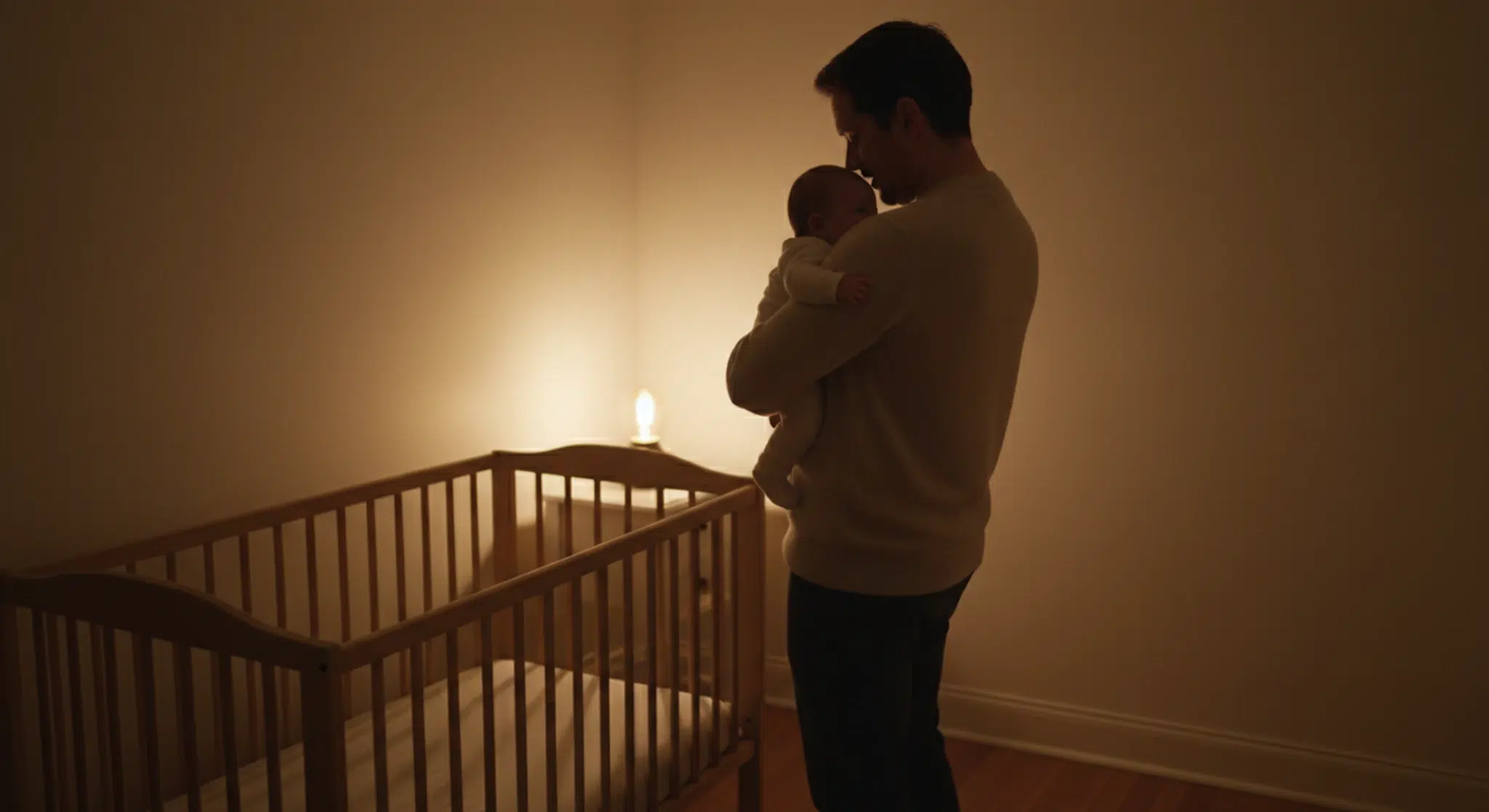 Tired parent holding and gently rocking a baby beside a crib in a softly lit nursery at night