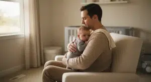 Caregiver holding a baby upright against their shoulder to burp them after a feed